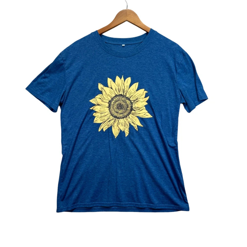 Blue crewneck sunflower graphic T-shirt