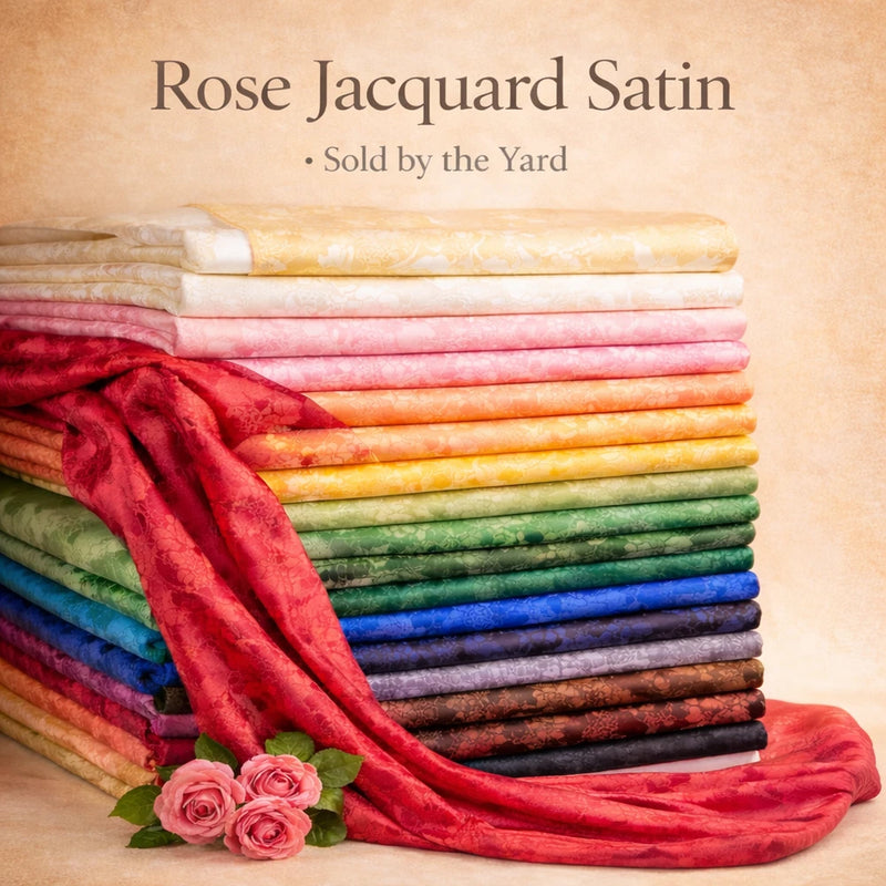 Rose jacquard satin fabric, folded yardage stack with floral rose pattern in multiple colors