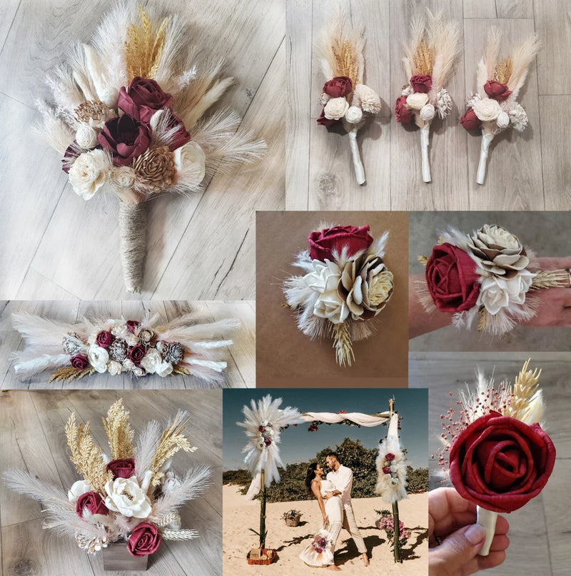 Pampas Grass Bridal Bouquet BOHO Burgundy Sola Wood Tan Cream Ivory Bridesmaid Pampas Grass