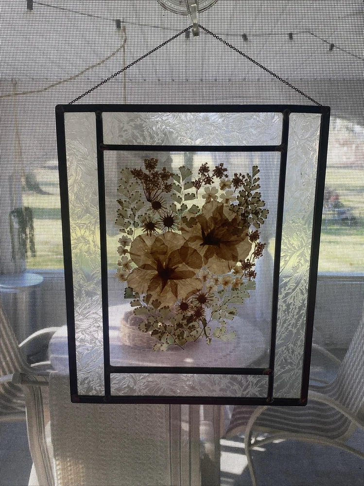 Black framed pressed dried flower art in glass panel, hanging wall decor