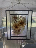 Pressed Dried Flower Art Floating Glass Pewter Frame Wall Window Hanging 9Óx11Ó Dried Flower