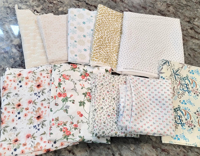 Lot Of White /Cream Print Cotton Fabrics For Quilting/Crafts--Large Pieces Flowering Plants