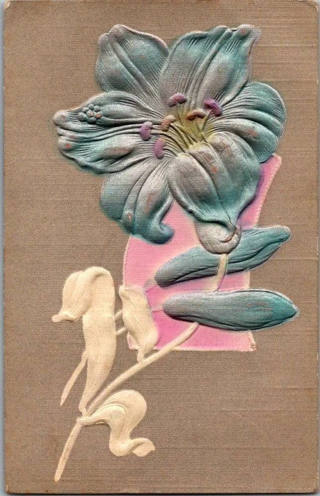 Embossed daylily postcard with blue-green petals and pink center flower