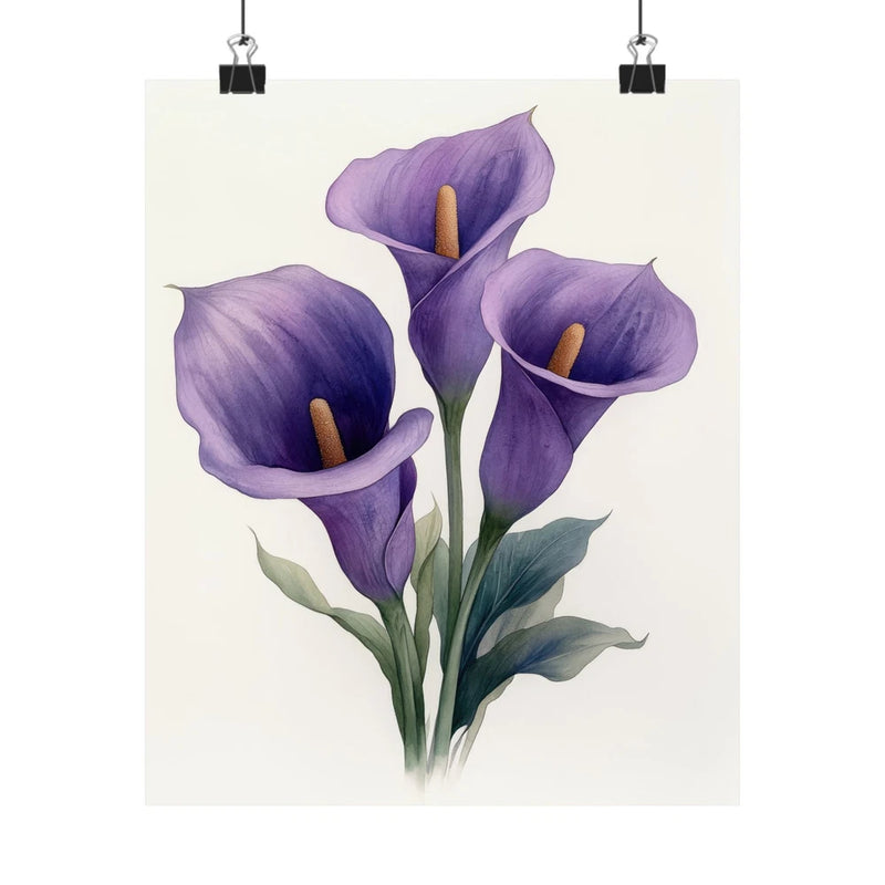Minimalist floral calla lily art print poster with lavender-purple flowers and green leaves