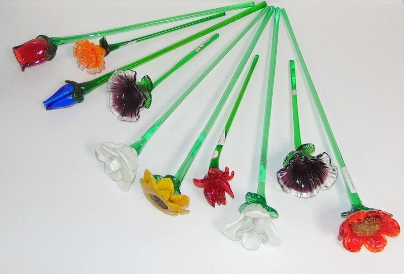 Lot 10 Hand Blown Glass Flowers Long Stemmed Rose Daffodil Sunflower Carnation + Carnation