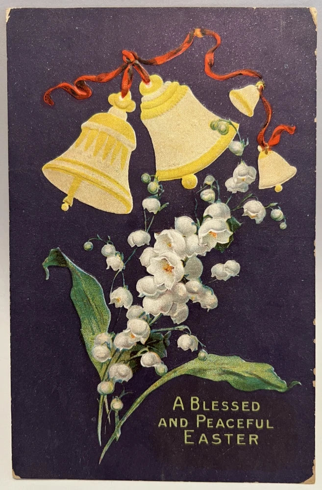 Easter greeting postcard with golden bells, lily of the valley, 'A Blessed and Peaceful Easter'.