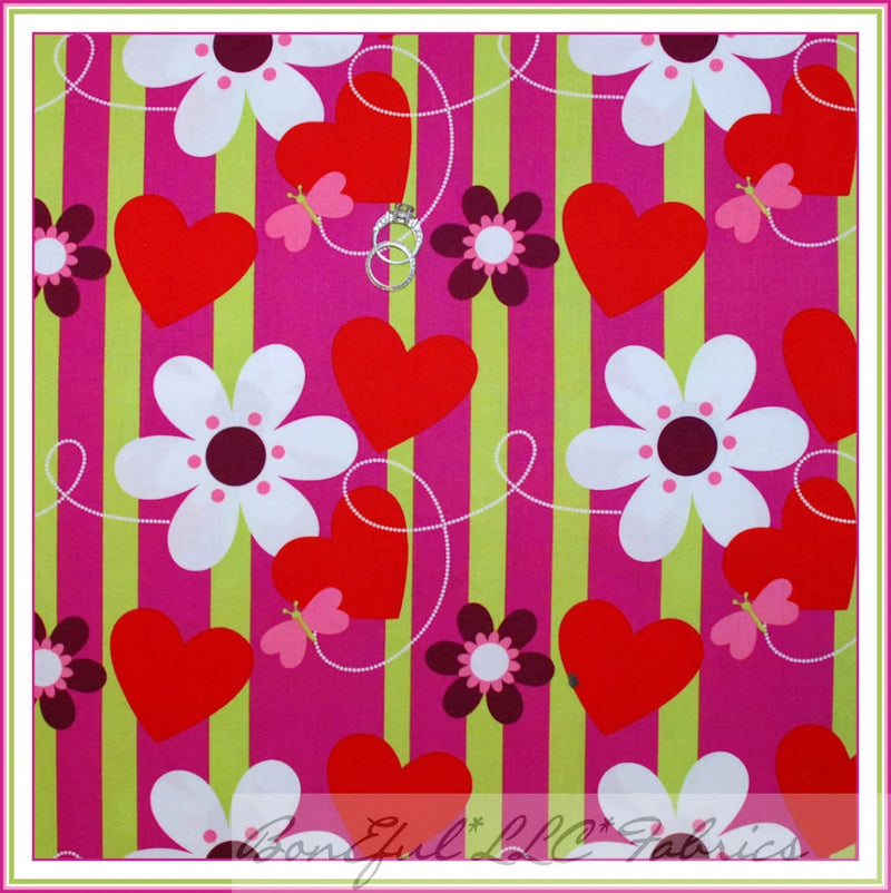 BonEful Fabric Cotton Red Pink White HEART Flower Girl Stripe Valentine US SCRAP Flowering Plants