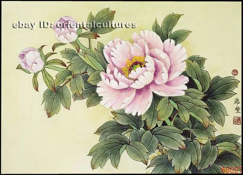 Peony silk embroidery kit design with pink flowers and green leaves on fabric