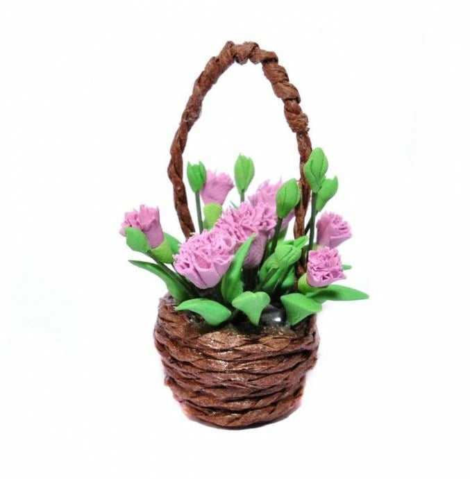 Miniature Artificial Pink Carnations in a Basket, Dollhouse or Fairy Garden Flow Carnation