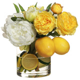 Silk Peony Ranunculus Faux Floral with Lemon & Lime in Glass Vase Peony