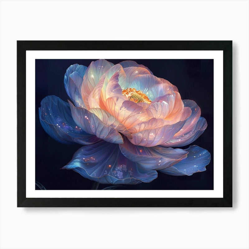 Framed peony flower art print with pastel pink and blue petals on dark background