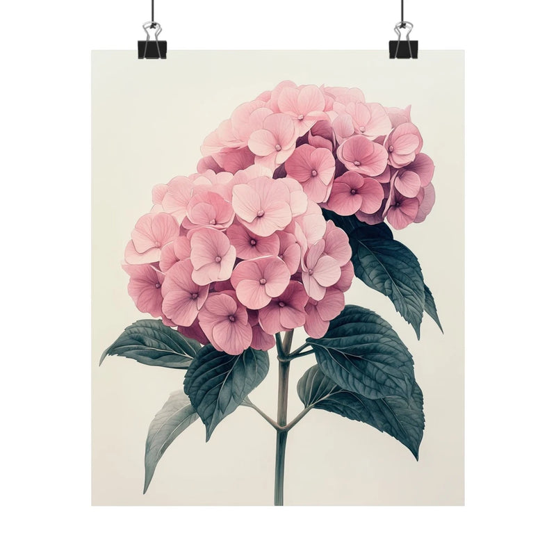 Pink hydrangea flower art print poster with clustered blooms and green leaves