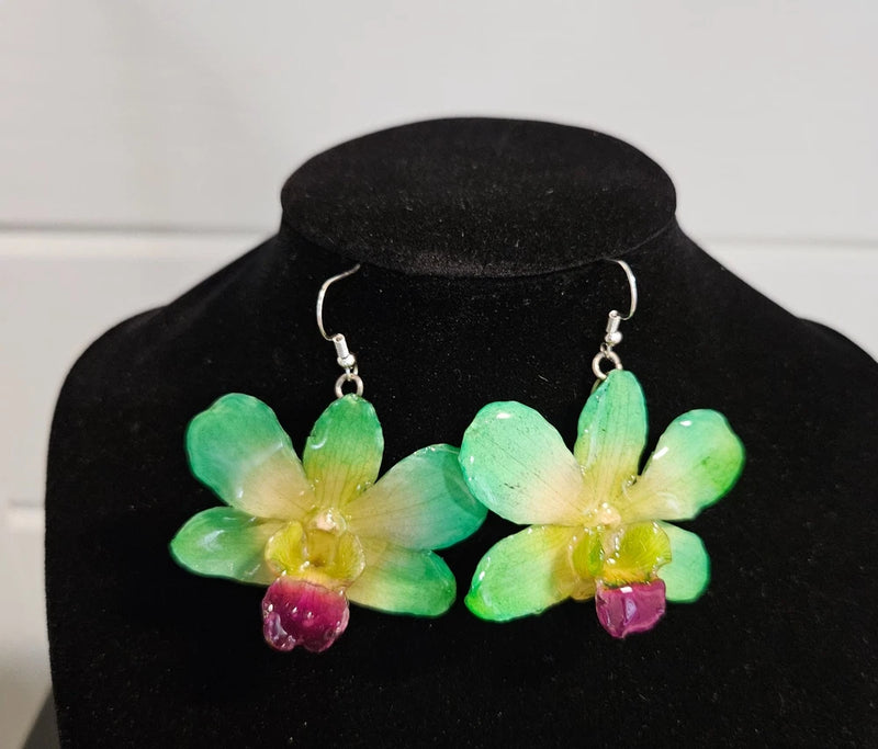Real Orchid Earrings Green Plant