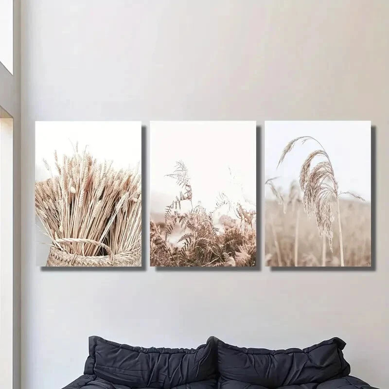 3pcs Serene Wheat Field Ferns & Pampas Grass Metal Print Ready to Hang Art Pampas Grass