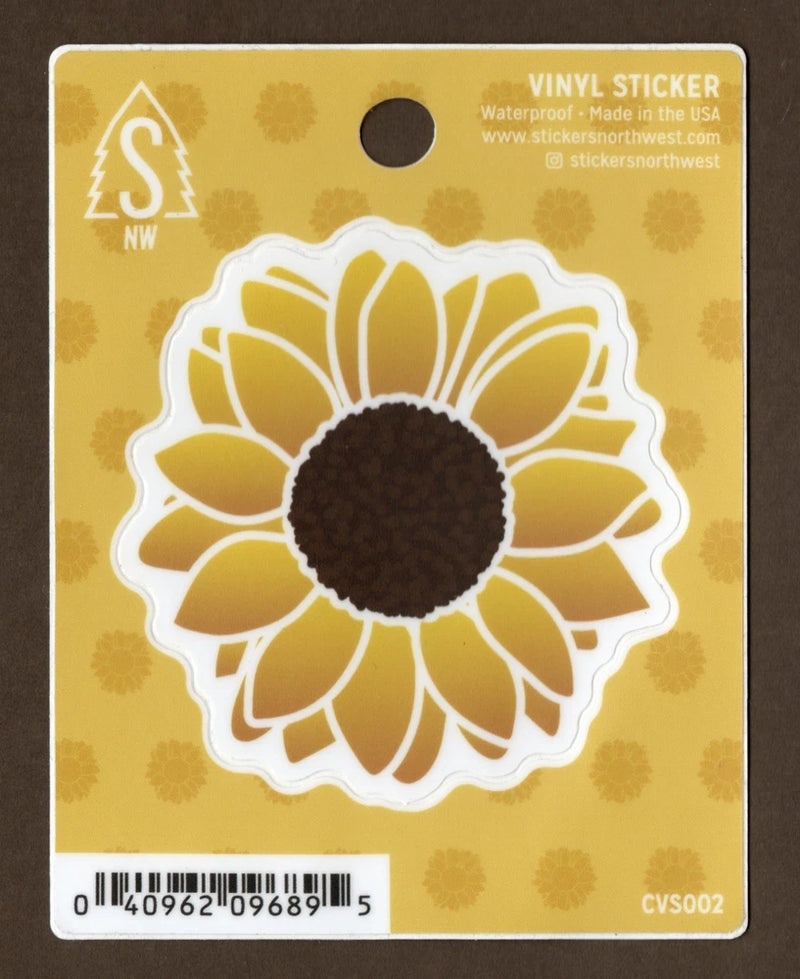 3-inch vinyl sunflower sticker decal, brown center with yellow petals, white outline