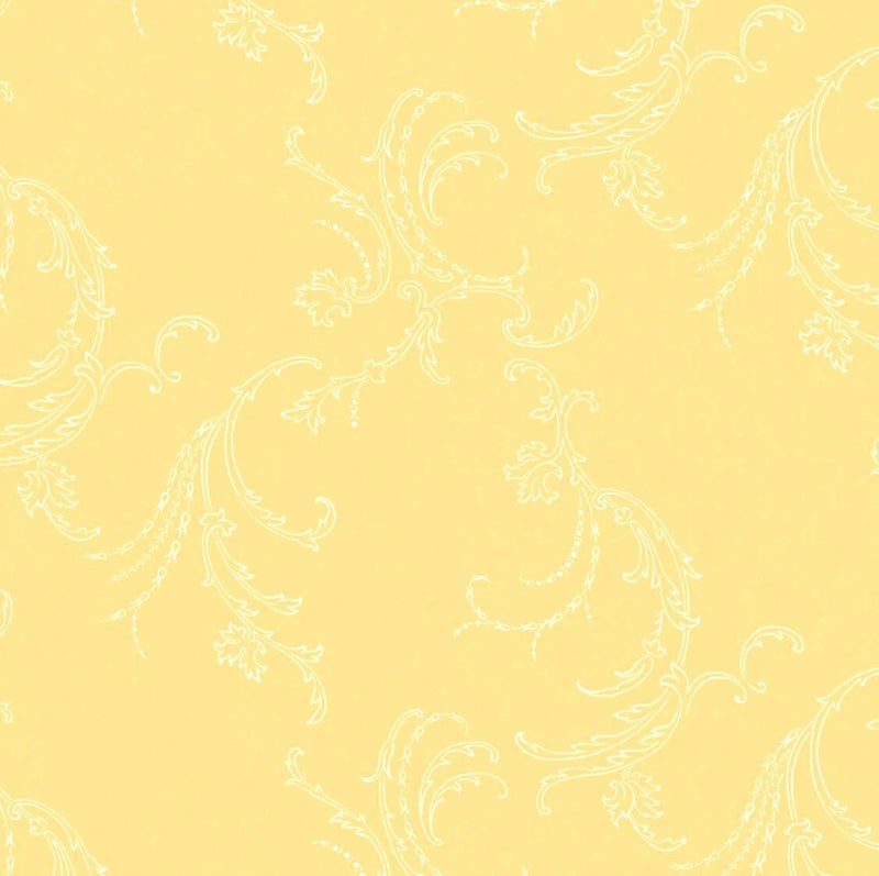 Light yellow fabric with white scroll and vine pattern