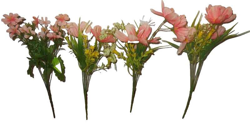 Artificial flower set of 4 faux stems with pink blossoms and green leaves