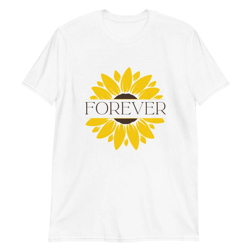 White T-shirt with yellow sunflower and 'FOREVER' front graphic