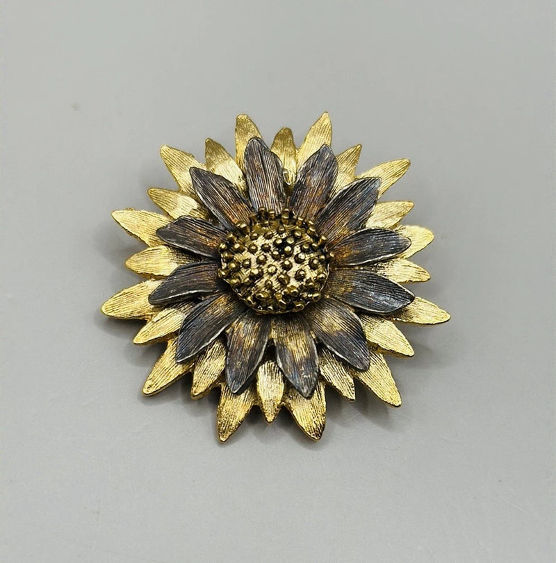 Vintage Gold Silver Tone Sunflower Floral Brooch Pin Sunflower