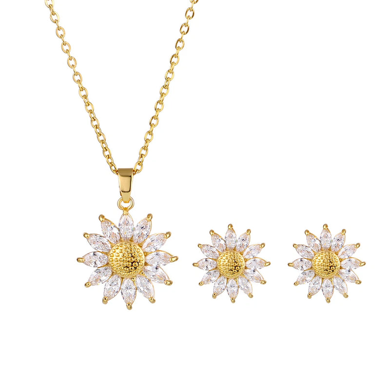 3pcs Womens Rhinestone Daisy Flower Sunflower Necklace Earrings Jewelry Set Gift Daisies