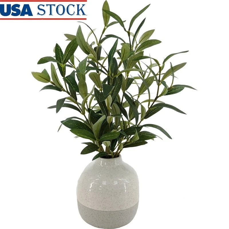 Artificial olive plant with green leaves in two-tone ceramic vase
