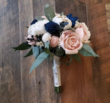 Pink Navy Blue Bridal Bouquet Blush Dusty Rose Blush Artificial Wedding Flowers Bouquet