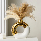 Ceramic Donut Vase, 10" L x 10" H White and Gold Round Vase for Pampas Grass,... Pampas Grass