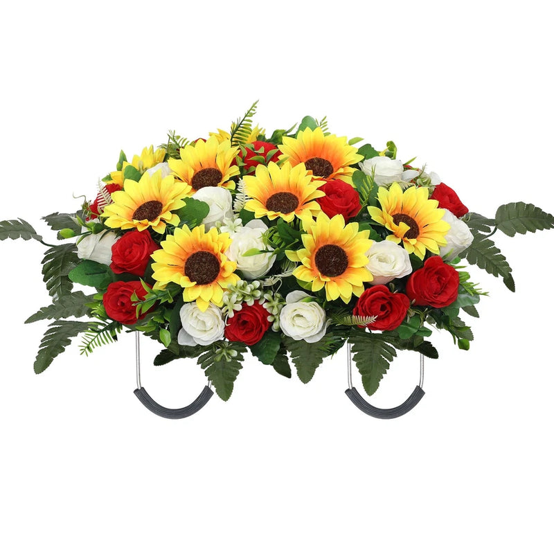 Artificial cemetery saddle tombstone flowers with sunflowers, red roses, white blooms, green leaves