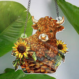 Highland Cow Acrylic Suncatcher, Sunflower Window Hanging Farmhouse Decor Gift Sunflower