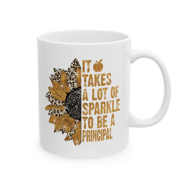 White ceramic mug with gold sunflower and sparkle principal quote