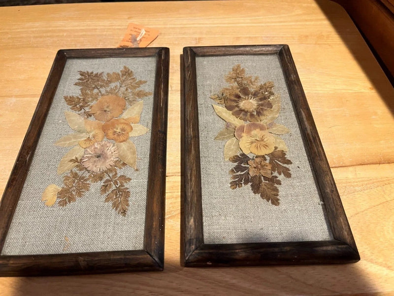 Set of two botanical wall art frames with pressed dried flowers and linen backing