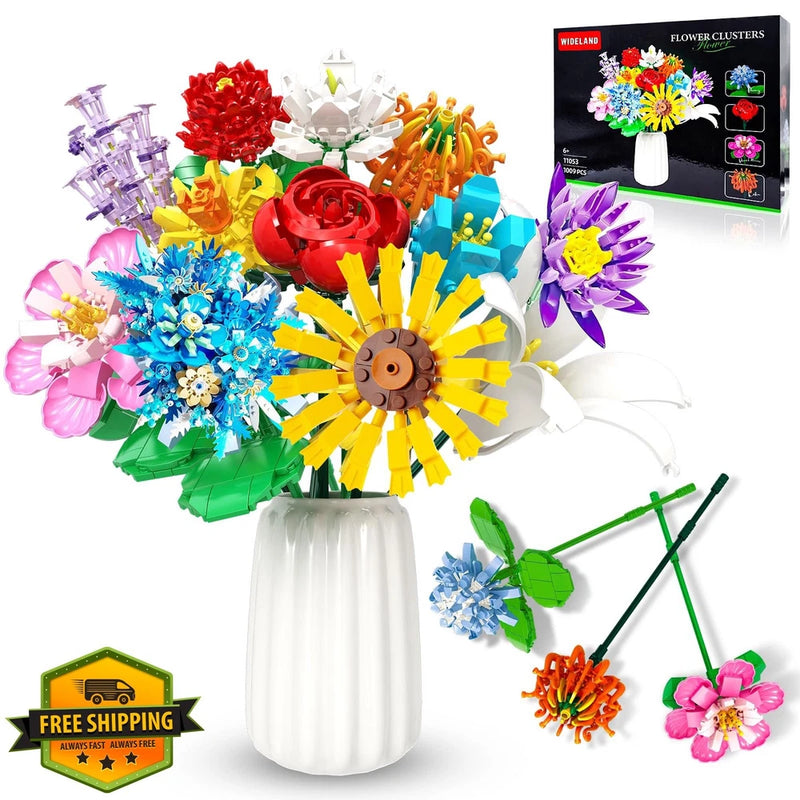 980-piece botanical flower bouquet building set with colorful carnations in white vase