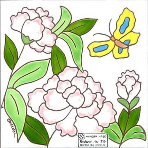 Peony wall tile trivet with pink peony flowers and green leaves