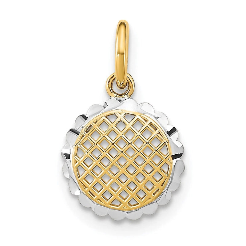 Gold lattice sunflower charm with scalloped border and loop bail, rhodium-tone accents