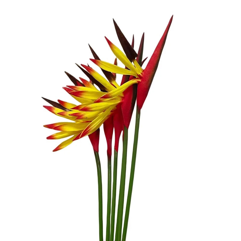 Artificial bird of paradise flower bunch with green stems and red yellow petals