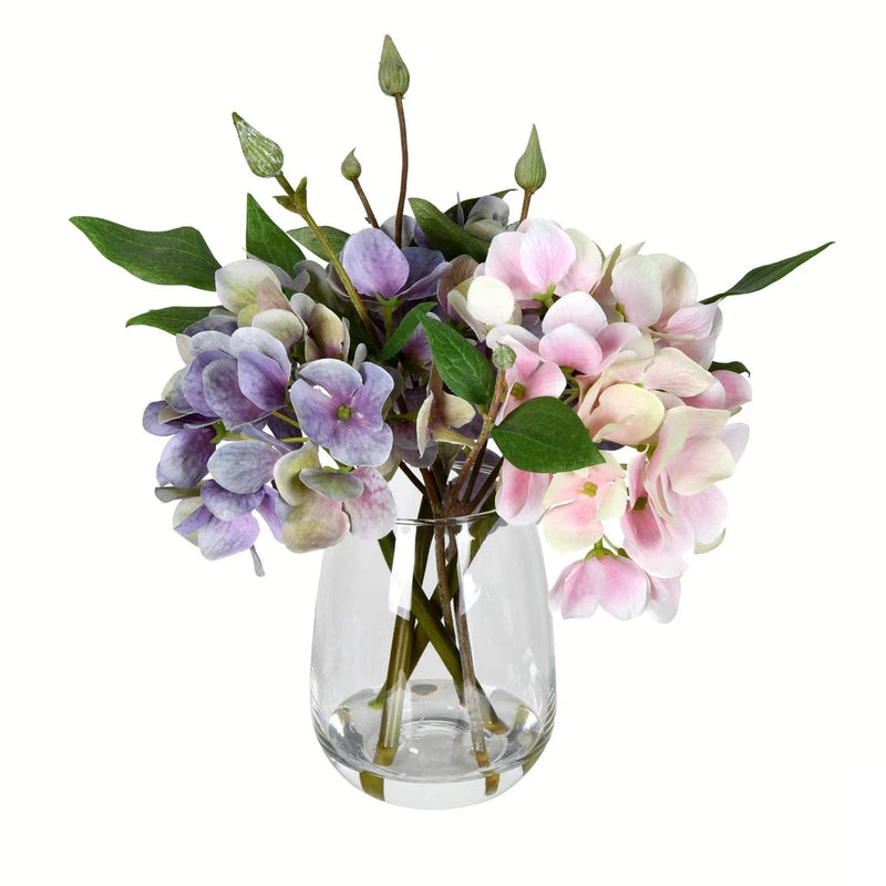 Vickerman 8" Artificial Hydrangea with Glass Pot in Light Pink/Purple Hydrangea