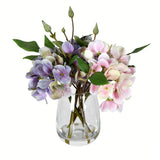 Vickerman 8" Artificial Hydrangea with Glass Pot in Light Pink/Purple Hydrangea