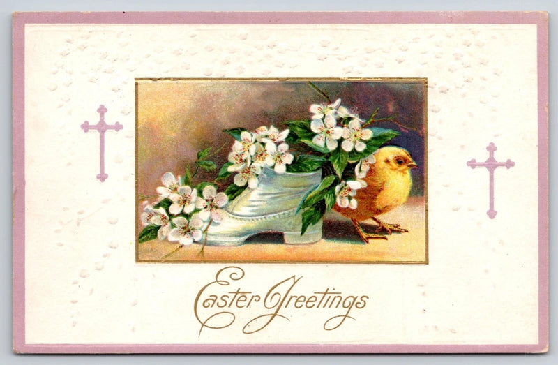 Easter Greetings Chick Shoe Flowers Cross Embossed Lily of the Valley Postcard Lily
