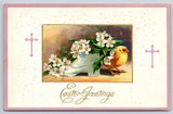 Easter Greetings Chick Shoe Flowers Cross Embossed Lily of the Valley Postcard Lily