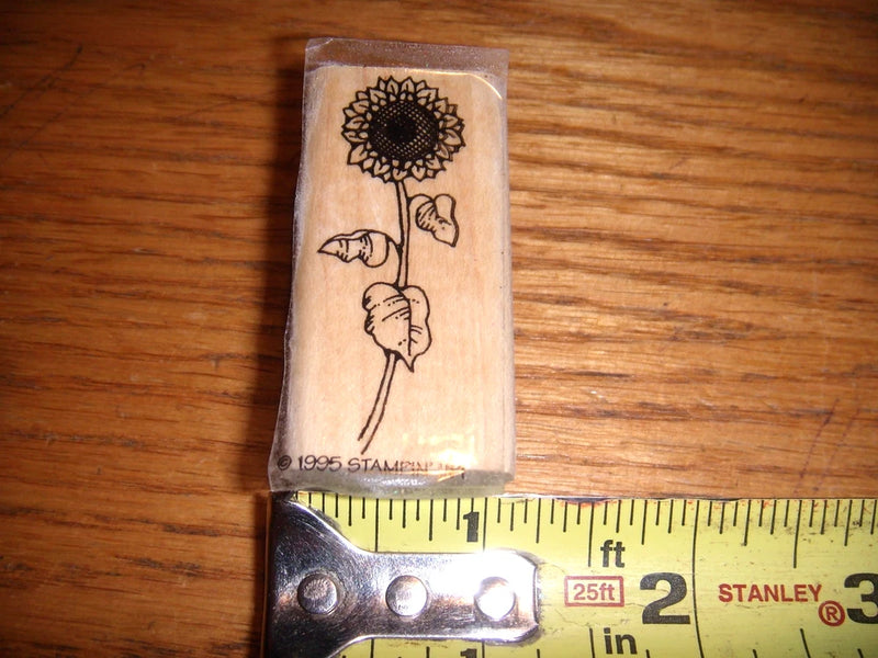 Sunflower stem wood rubber stamp with black line-art daisy flower and leaves