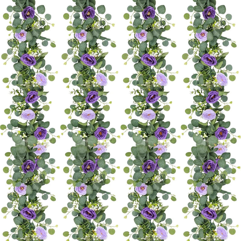 TOCHGREEN 4 Pack Artificial Eucalyptus Flower Garland with Purple Roses, Fake... Green Plant