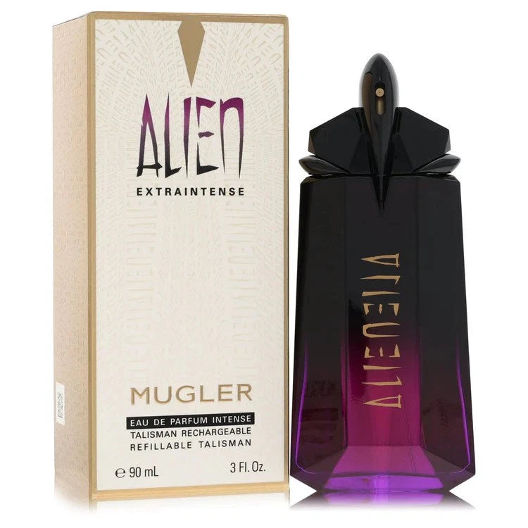 Refillable intense eau de parfum spray bottle with black crystal shape and purple tint