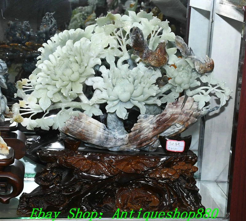 20.4''Chinese Natural Xiu Jade Carving Peony Flower Bird Animal Statue Sculpture Peony
