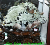 20.4''Chinese Natural Xiu Jade Carving Peony Flower Bird Animal Statue Sculpture Peony