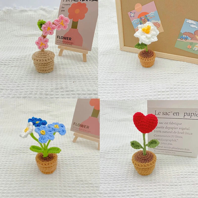 Crocheted potted tulip flower set in small tan pots: pink, white, blue, and red