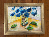 Floral Still Life Painting Framed Hydrangea Flowers Blue & Yellow Hydrangea