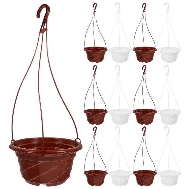 Hanging planter pot holder set with brown and white pots and metal hooks