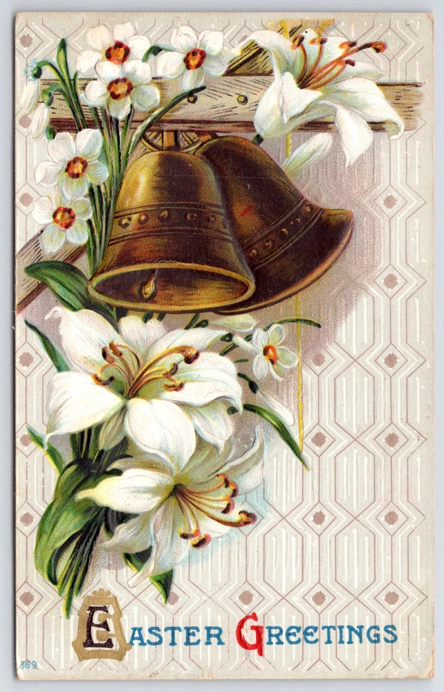 Embossed Easter greetings postcard with white lilies, green leaves, and hanging bells