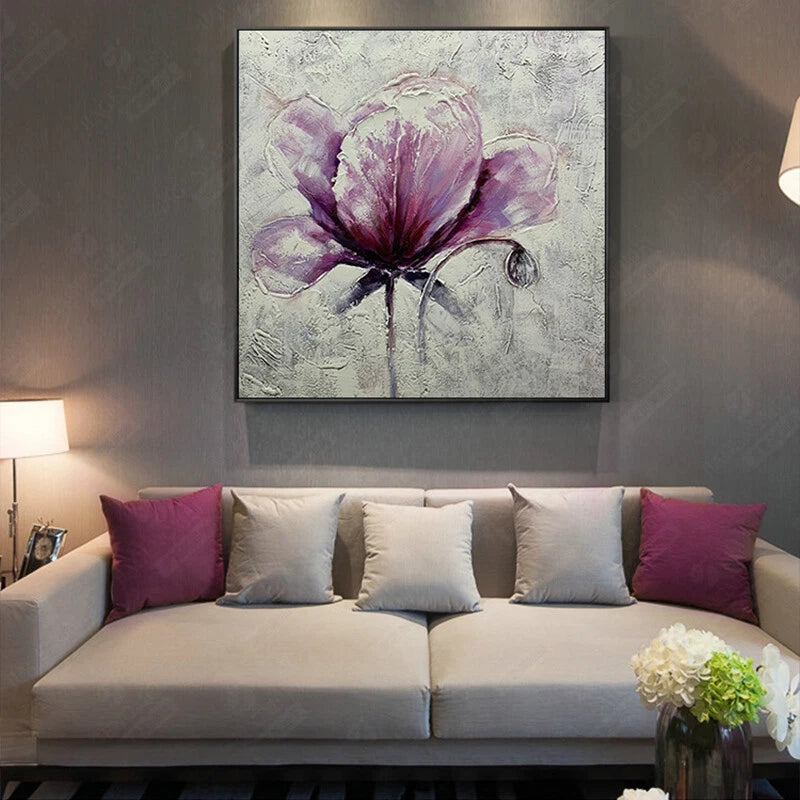 Framed hand-painted peony flower oil painting with purple bloom on light textured canvas