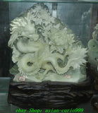 22" Natural Green Xiu Jade Carve Fengshui Zodiac Dragon Peony Flower Statue Peony